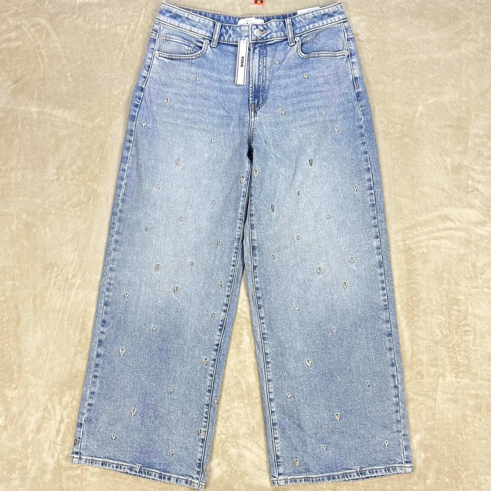 Pink Victoria's Secret Baggy Wide Leg Jeans Light Wash Embroidered Hearts 12/30